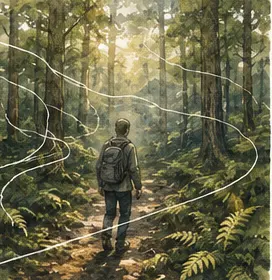行旅者在森林中沿生成之線行走