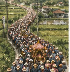 白沙屯媽祖進香隊伍蜿蜒於田野道路